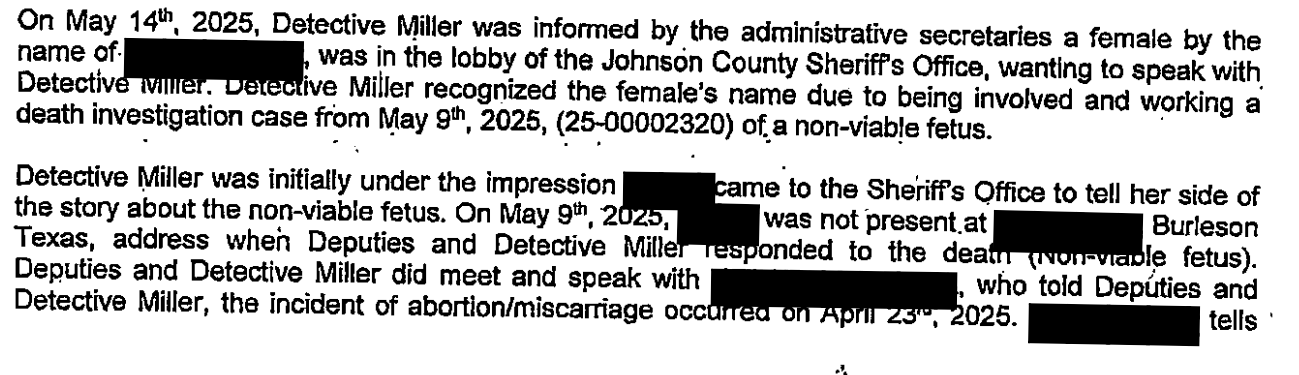 An excerpt from the detective's affidavit about investigating the abortion